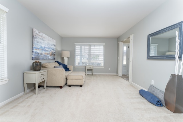 sitting room featuring baseboards and carpet flooring