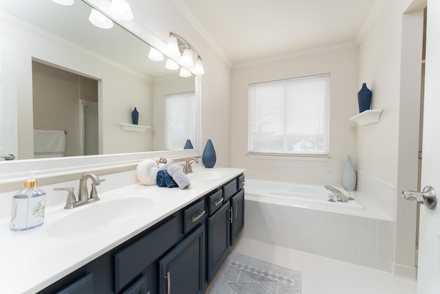 full bathroom featuring a garden tub, ornamental molding, a wealth of natural light, and a sink