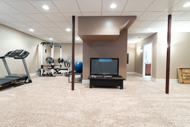 workout room with recessed lighting, carpet flooring, and baseboards