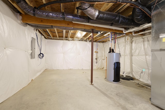 unfinished basement with water heater and electric panel