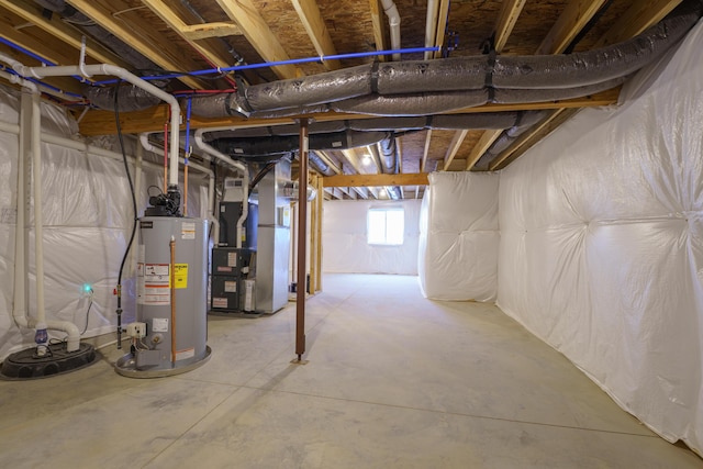 basement featuring water heater and heating unit