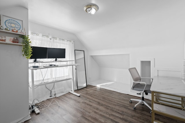 office space with lofted ceiling and wood finished floors