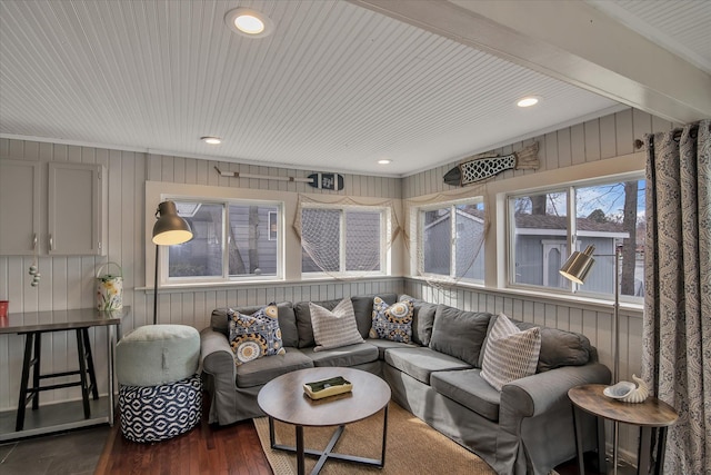 living room featuring recessed lighting and dark wood-style flooring