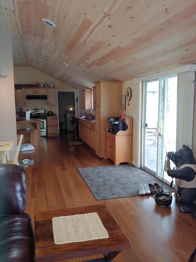 living area with washer / clothes dryer, wood ceiling, dark wood-style floors, and vaulted ceiling