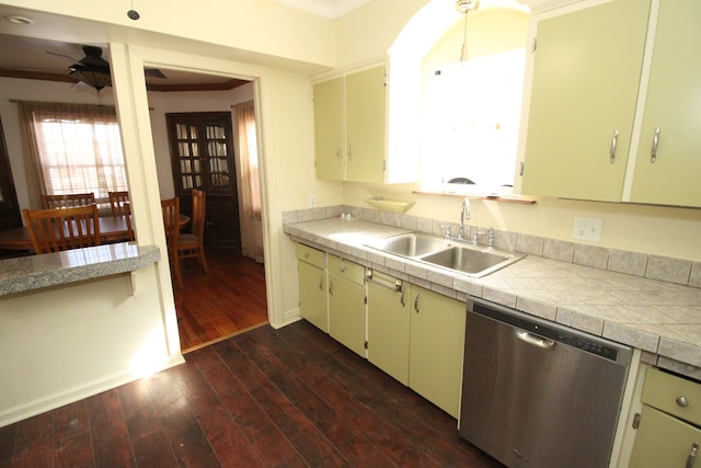 kitchen featuring dark wood-style floors, ceiling fan, crown molding, stainless steel dishwasher, and a sink