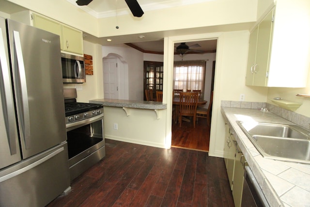 kitchen featuring dark wood finished floors, ceiling fan, stainless steel appliances, light countertops, and a sink