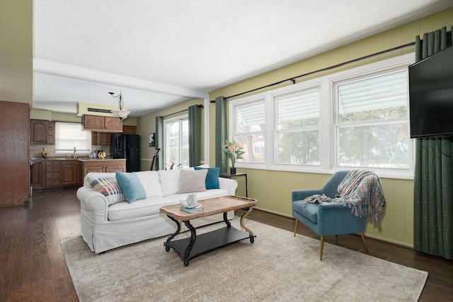 living area featuring a textured ceiling and dark wood-style flooring