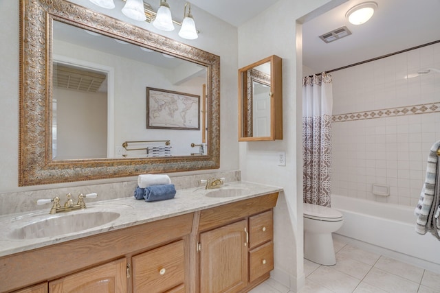 full bath with shower / bathtub combination with curtain, visible vents, a sink, and tile patterned floors