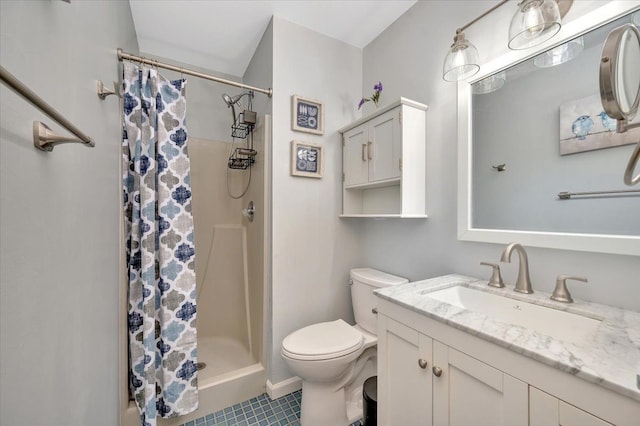 bathroom featuring vanity, a shower stall, and toilet