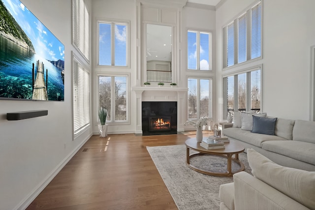 living room with a large fireplace, a high ceiling, wood finished floors, and baseboards