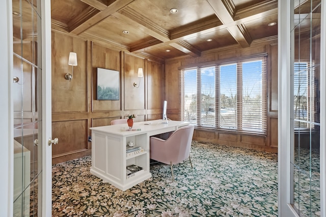 home office with ornamental molding, coffered ceiling, beamed ceiling, and a decorative wall