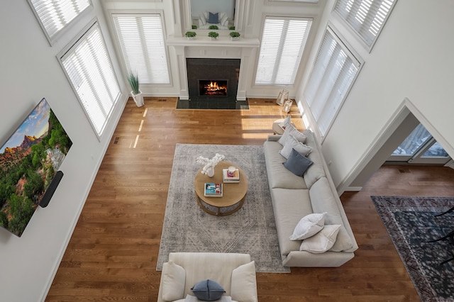 living area with a fireplace with flush hearth, baseboards, and wood finished floors