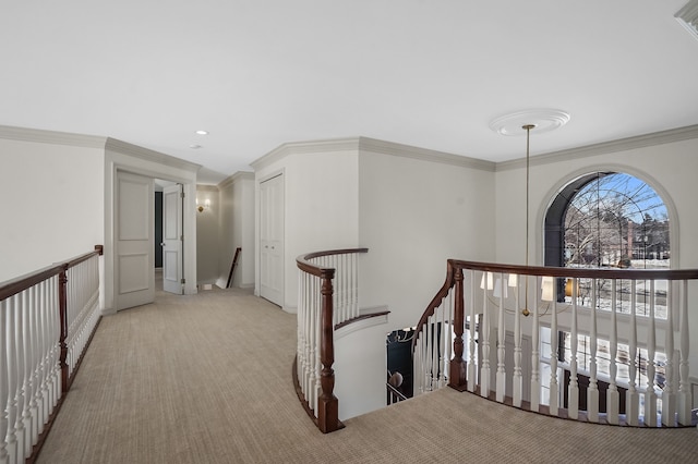 hall with carpet, crown molding, and an upstairs landing