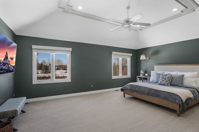 carpeted bedroom featuring high vaulted ceiling, recessed lighting, a ceiling fan, and baseboards