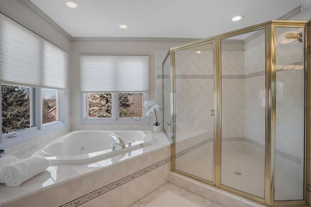 bathroom featuring recessed lighting, ornamental molding, a stall shower, a whirlpool tub, and tile patterned floors