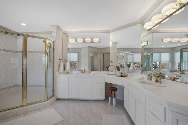 bathroom featuring a stall shower, tile patterned flooring, and crown molding