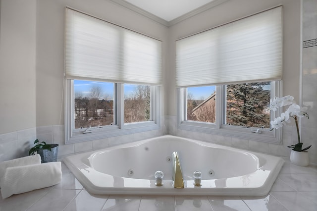 full bath featuring a tub with jets and ornamental molding