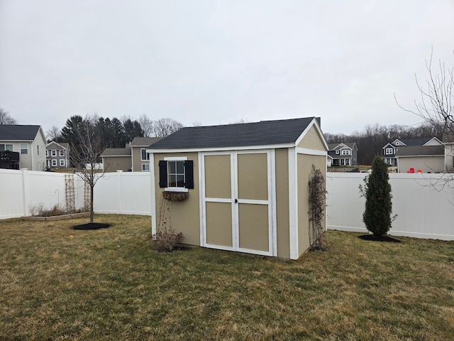 view of shed with a fenced backyard and a residential view