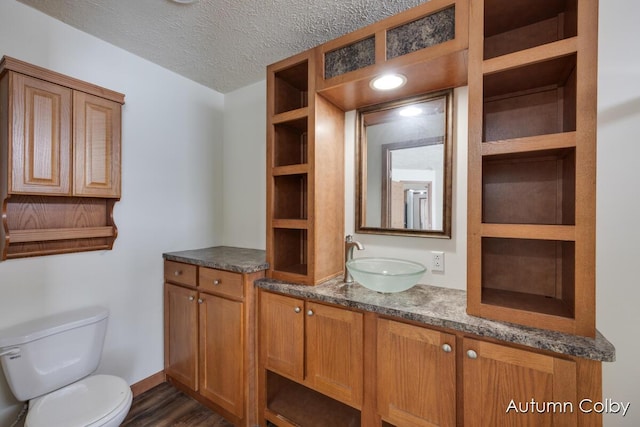 bathroom featuring toilet, wood finished floors, a textured ceiling, and vanity