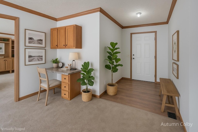 5443 Gravel Ridge Rd, Lakeview, MI 48850 - office area featuring carpet flooring, ornamental molding, and wood finished floors