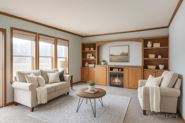 5443 Gravel Ridge Rd, Lakeview, MI 48850 - living room featuring light carpet, ornamental molding, and a glass covered fireplace