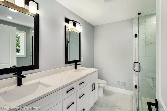 full bath featuring a sink, visible vents, toilet, and marble finish floor