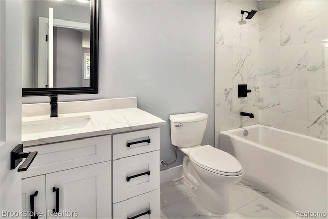 full bathroom with tub / shower combination, toilet, marble finish floor, and vanity