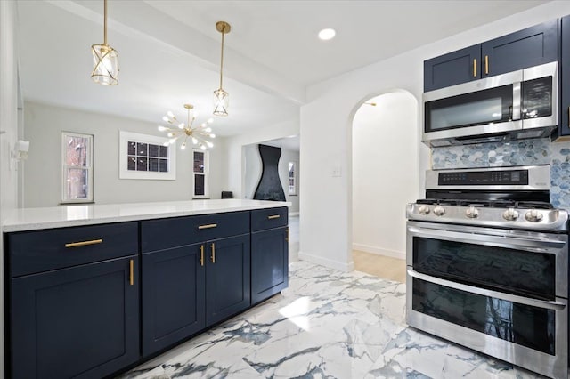 kitchen featuring beam ceiling, decorative light fixtures, stainless steel appliances, backsplash, and blue cabinets