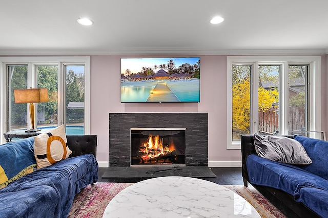 living area featuring a healthy amount of sunlight, a fireplace with flush hearth, baseboards, and wood finished floors