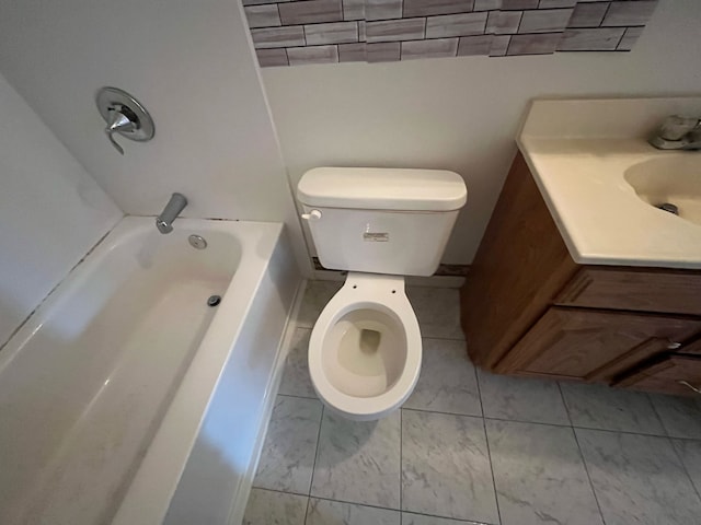 full bath featuring marble finish floor, vanity, toilet, and a bath