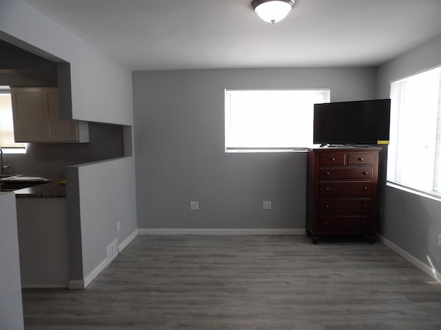 interior space featuring dark wood-style flooring, a sink, visible vents, and baseboards