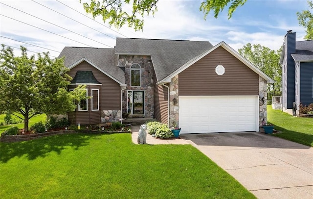 view of front of house with a garage, a shingled roof, stone siding, concrete driveway, and a front yard