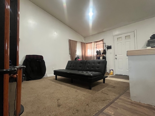 living area featuring vaulted ceiling and wood finished floors