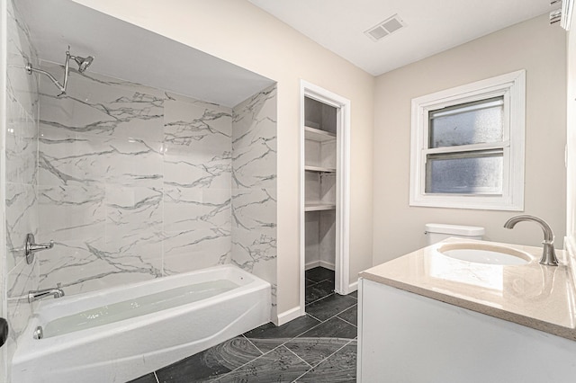 bathroom with shower / tub combination, toilet, vanity, visible vents, and marble finish floor