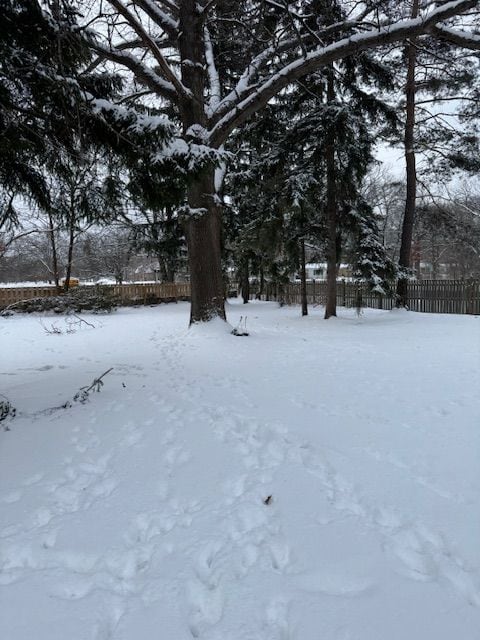 yard layered in snow with fence