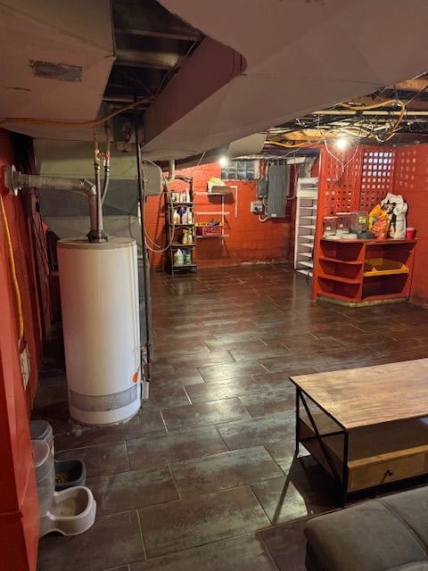 interior space with electric panel and gas water heater