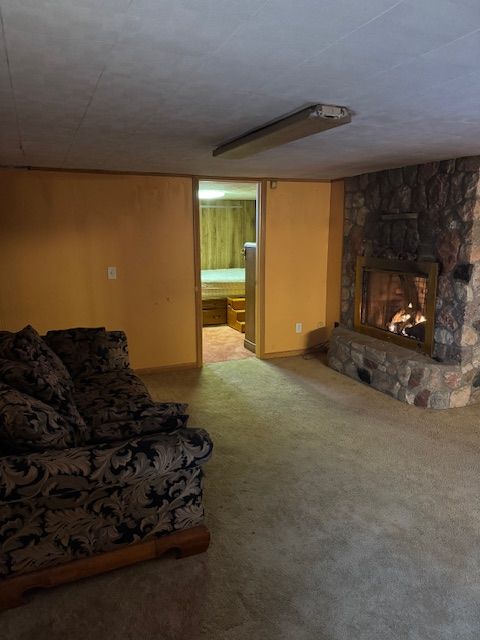 living area featuring carpet floors and a fireplace