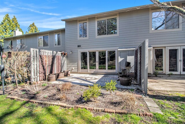 back of house featuring a patio area, a chimney, and french doors