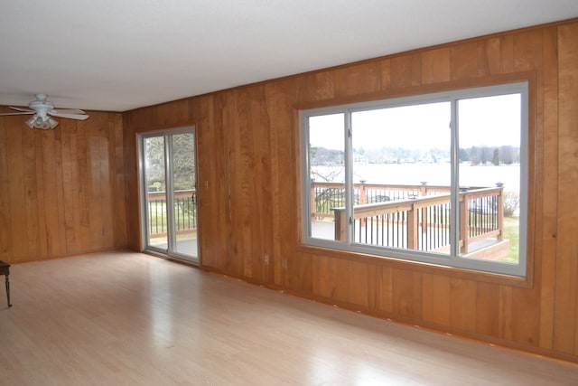 spare room featuring a healthy amount of sunlight, wood walls, and wood finished floors