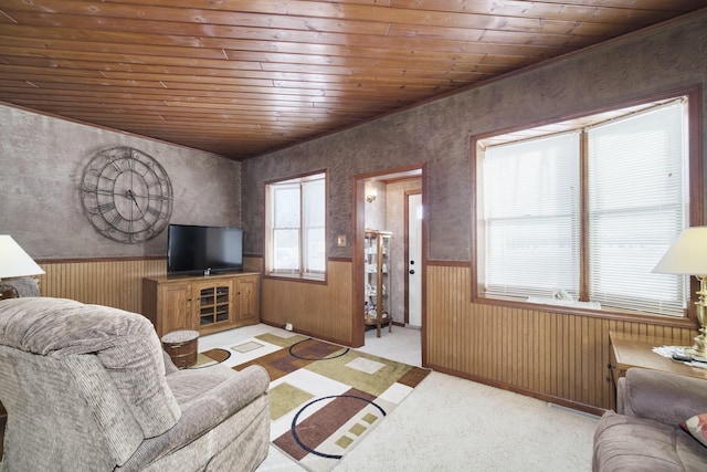 living room with wooden ceiling, a wainscoted wall, and wood walls