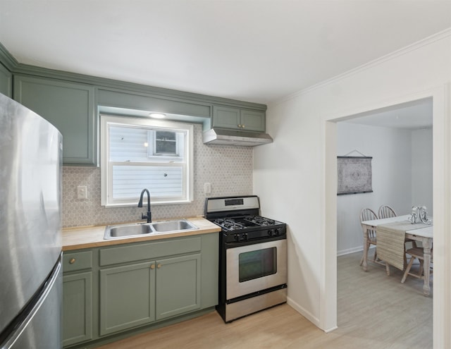 kitchen with stainless steel appliances, under cabinet range hood, a sink, and green cabinetry