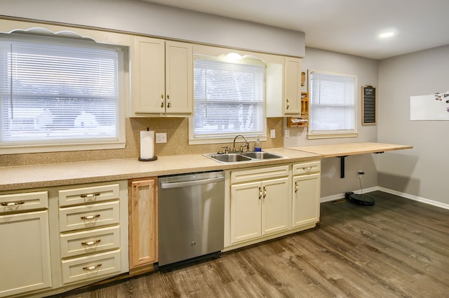 kitchen featuring dark wood-style flooring, tasteful backsplash, stainless steel dishwasher, a sink, and baseboards