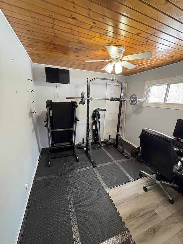 exercise area with wooden ceiling, ceiling fan, and baseboards