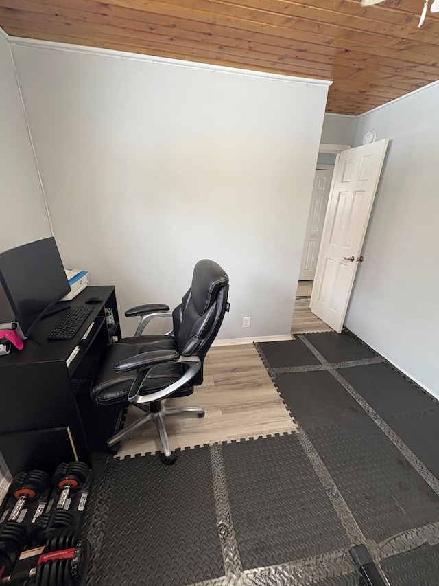 office area with wood ceiling and wood finished floors