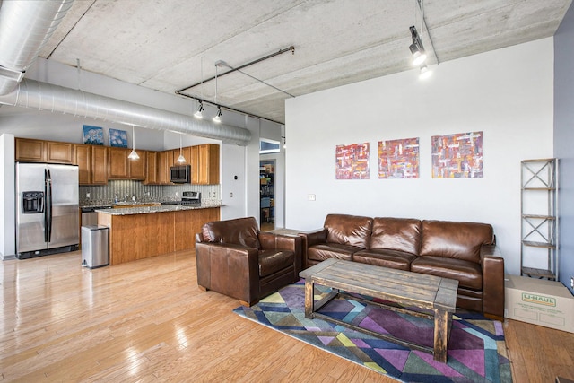 living area featuring light wood-style floors and rail lighting