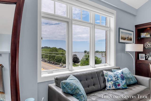 living room featuring a wealth of natural light and a water view