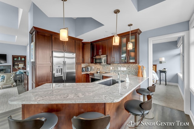 kitchen with appliances with stainless steel finishes, a sink, glass insert cabinets, and pendant lighting