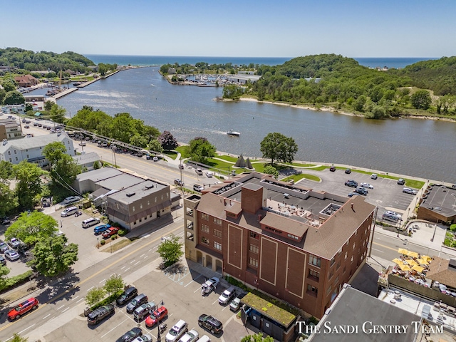 bird's eye view with a water view