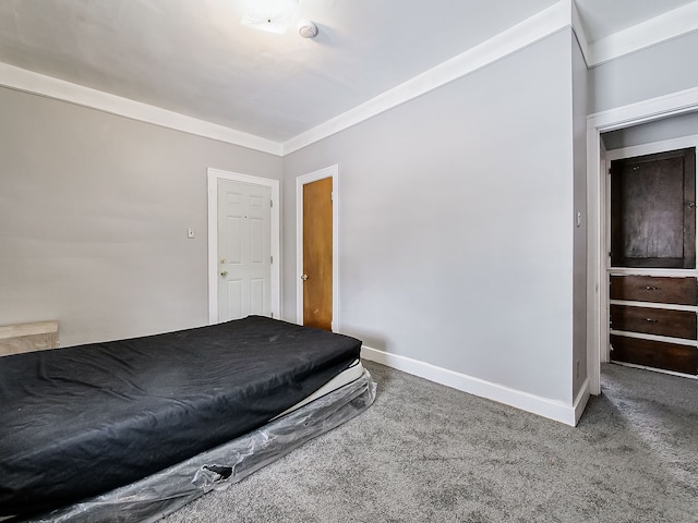 unfurnished bedroom featuring ornamental molding, carpet flooring, and baseboards