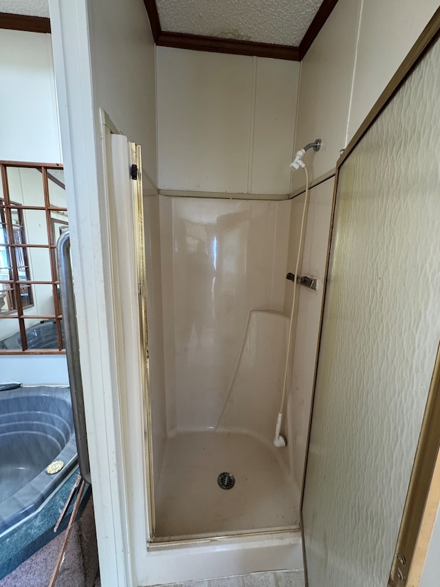 full bath featuring a stall shower, crown molding, and a textured ceiling